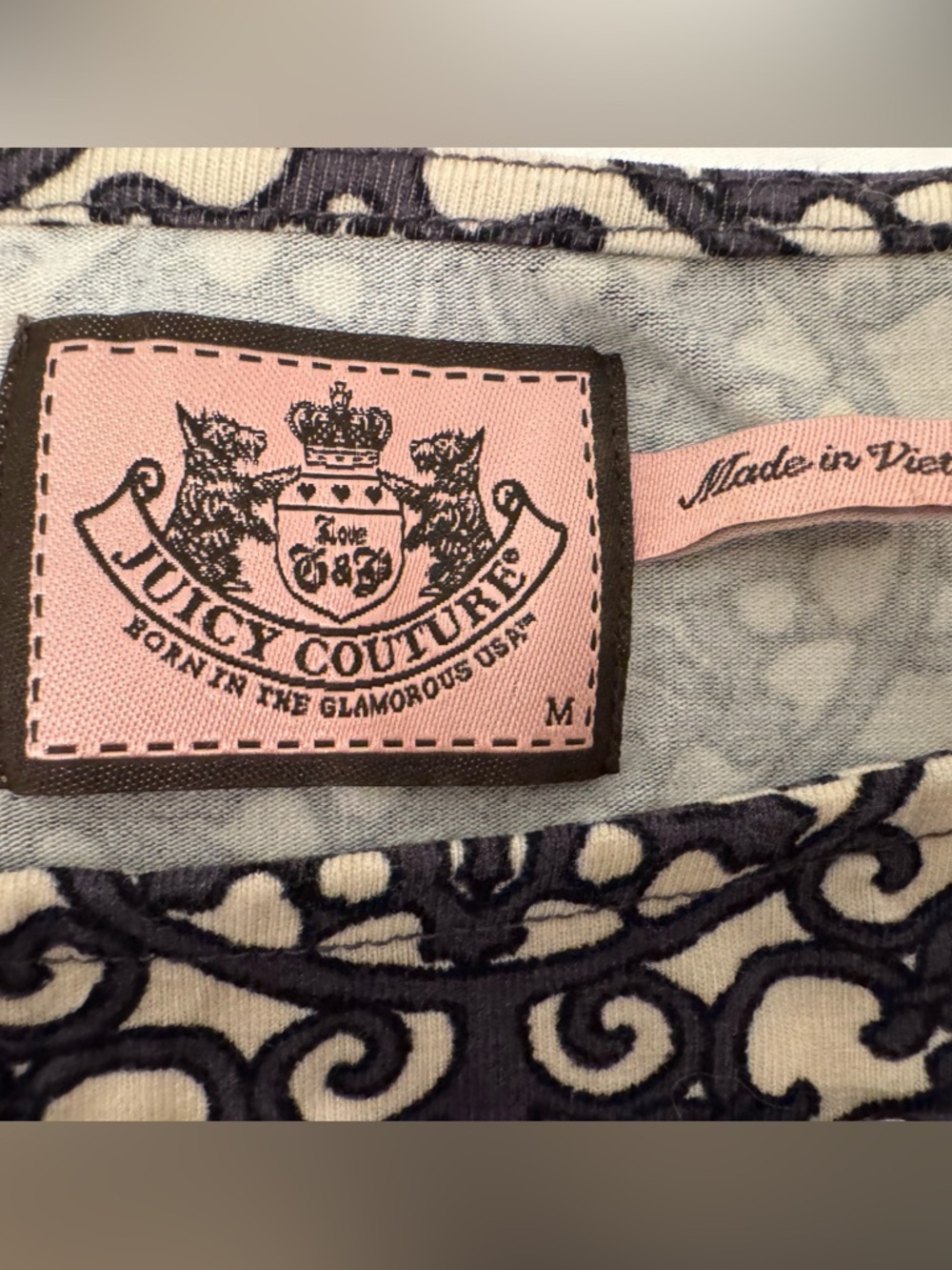 Juicy Couture Dress Gray & Cream Beautiful Patterned Batwing 3/4 Sleeve Size M